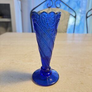 Vintage LE Smith Beaded Scroll & Stars Blue Glass Bud Vase 6"